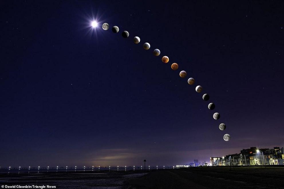 Dawid Glawdzin, 37, often spends hours out around Essex at night in the freezing cold using his digital single-lens reflex camera to get the perfect shot. Pictured, this composite image shows the total eclipse of a super blood wolf moon over Southend-on-S