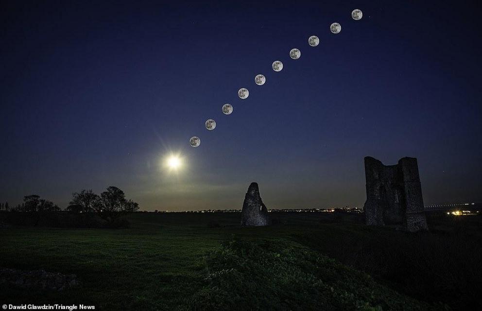 In one stunning sequence Mr Glawdzin took, the moon can be seen rising above the Earth's horizon from the ruins of Hadleigh Castle, which overlooks Canvey Island and the Thames Estuary. To get that image, Dawid captured a series of images over three hours