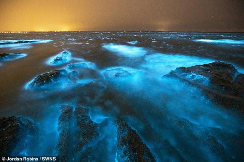Jordan Robin, 26, captured the gorgeous natural phenomenon which he found taking place at Plantation Point in Jervis Bay, on Australia's east coast