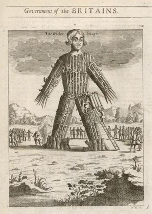 Depiction of a Wicker Man, stocked with victims to be burnt.