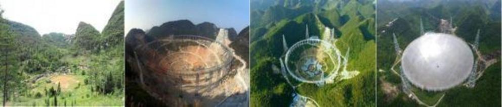 FAST is a massive scientific megaproject. Four photos of its construction from left to right.