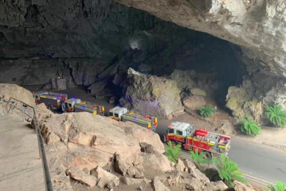 Fire engines line up inside the entrance to Jenolan Caves.