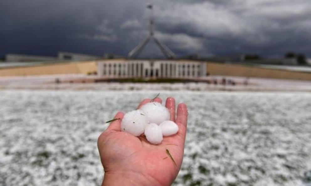 Golf ball-size hail after a severe storm at Parliament House in Canberra.