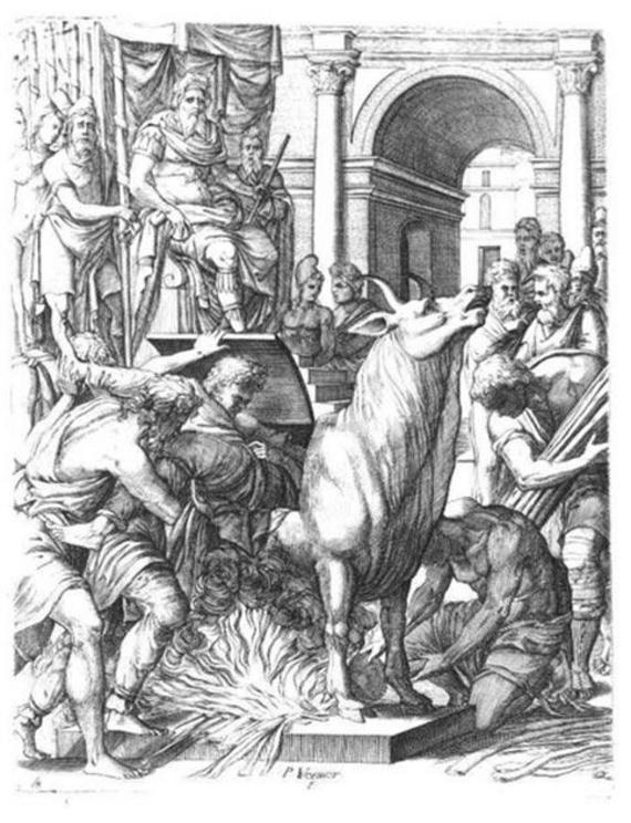 Perillos being forced into the brazen bull that he built for Phalaris by Pierre Woeiriot
