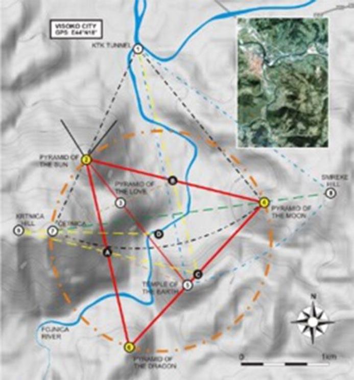 Topographic map of the Bosnian Pyramid Valley showing the peaks of Sun (northwest), Moon (east) and Dragon pyramids (south) forming an equilateral triangle.