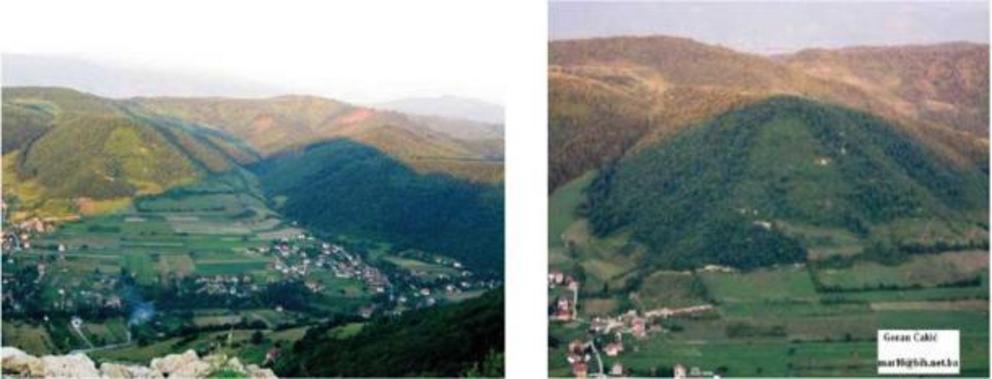 Photos show interaction between the shadow cast by the Bosnian Pyramid of the Sun upon the Bosnian Pyramid of the Moon. Image left shows shadow on Summer Solstice matching height of Moon Pyramid, which by midsummer moves to totally cover the pyramid (righ