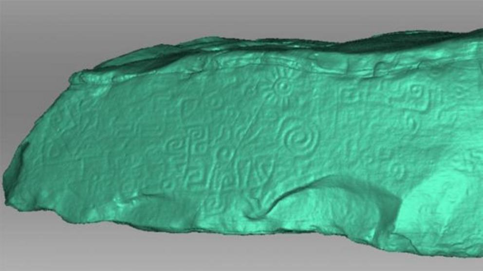 A 3D scan of the Peruvian monolith is shown in light green contrast. The contrast allows details to be seen that were harder to make out in the monolith’s true color.