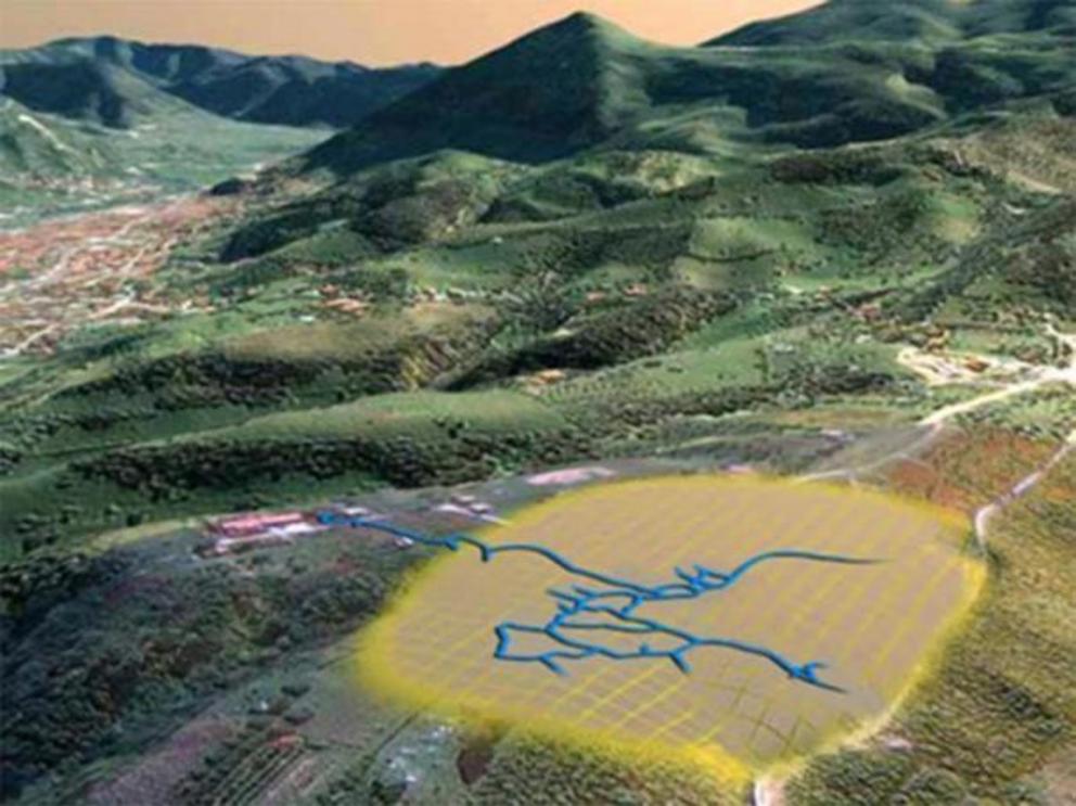 Digital render of the Bosnian Pyramid of the Sun in relation to excavated and explored sections of the Ravne Tunnels.