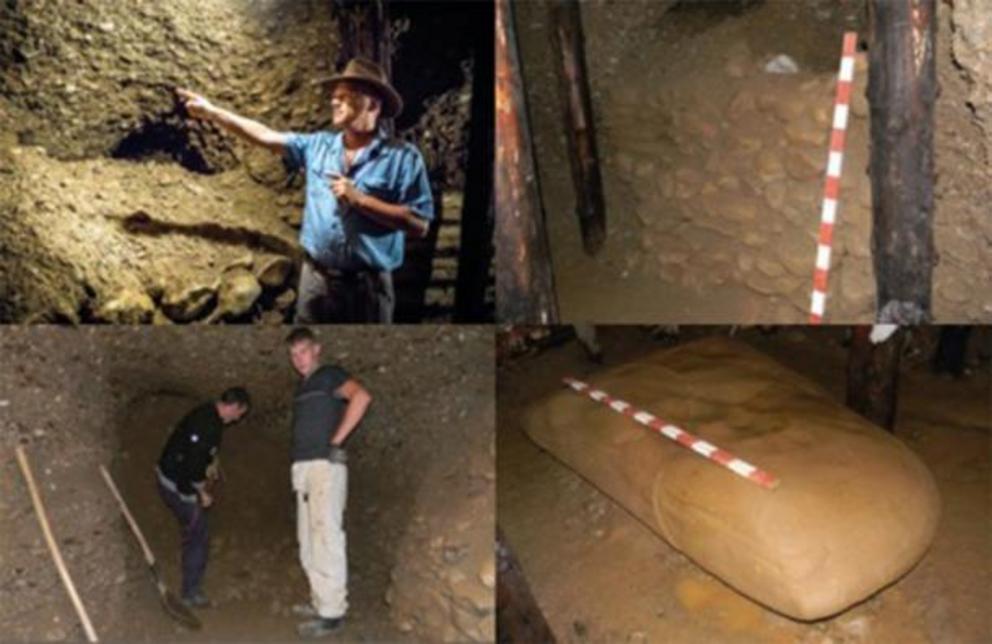 Top left; Dr Sam Osmanagich inside the Ravne Tunnels pointing to infilled passage with drywall construction in front of it. Top right; One of over 50 drywalls identified within the Ravne Tunnels. Bottom left; Excavation and subsequent removal of rubble bl