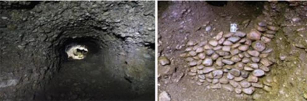 Left; A passage connecting two chambers within the Ravne3 Tunnels. Right; One of two drywalls found within the Ravne3 Tunnels.