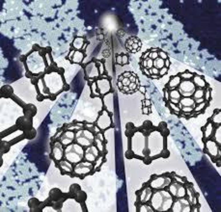 1 / 1 An international team led by researchers at SLAC National Accelerator Laboratory and Stanford University joined two offbeat carbon molecules -- diamondoids, the square cages at left, and buckyballs, the soccer-ball shapes at right -- to create 