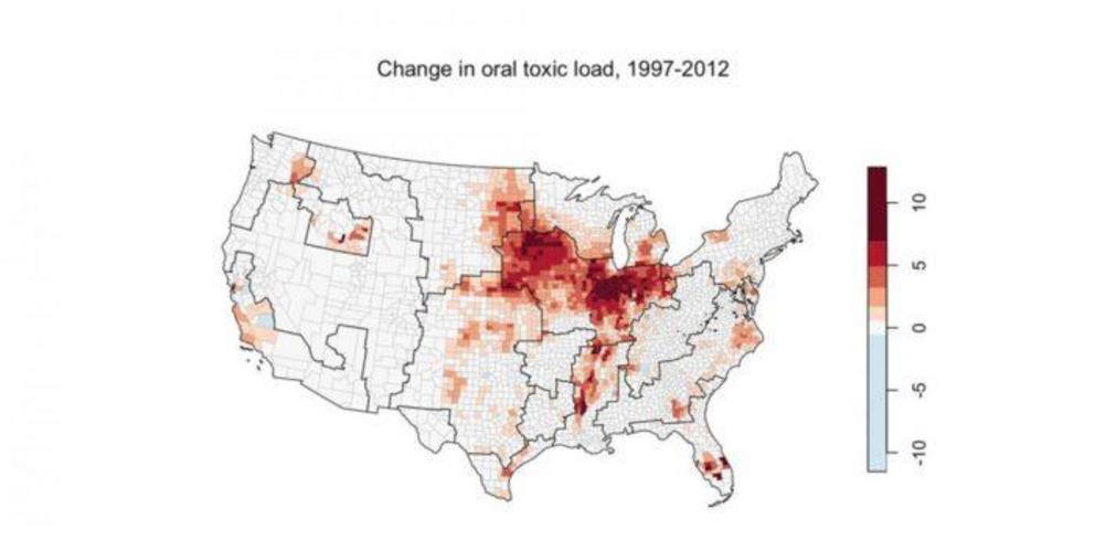 Oral-based bee toxic load increased by 9-fold, on average, across the U.S. This pattern varied by region, with the greatest increase — 121-fold — seen in the Heartland, which the U.S. Department of Agriculture defines as all of Iowa, Illinois and Indiana;