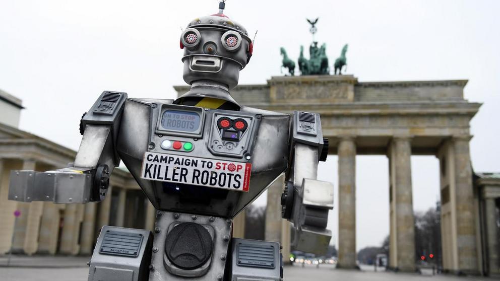 Activists from the Campaign to Stop Killer Robots stage a protest at Brandenburg Gate in Berlin, Germany, March, 21, 2019. ©  REUTERS/Annegret Hilse