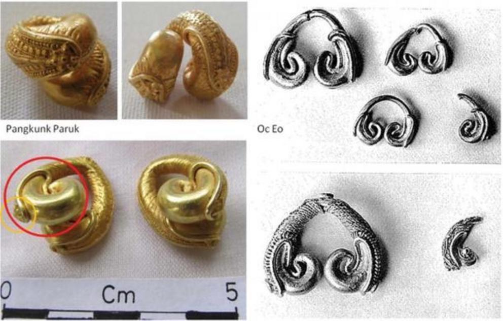 Comparison between Bali gold ear pendants (left) and Oc Eo gold ear pendants with the circles highlighting the similarity of the decorative schemes.