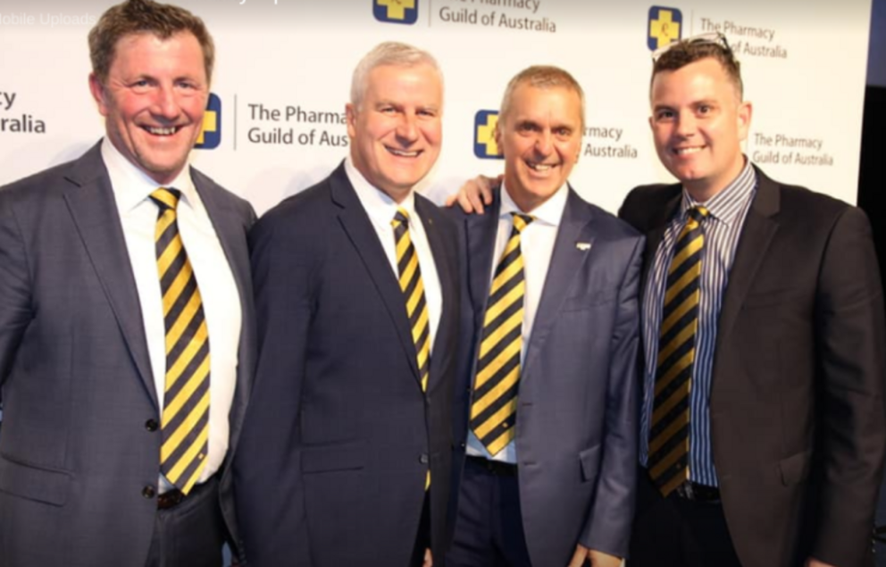 Deputy PM Michael McCormack in a Pharmacy Guild tie, with NSW President David Heffernan (left) and National President George Tambassis (right) and Queensland President Trent Twomey (far right) (Source: Facebook)
