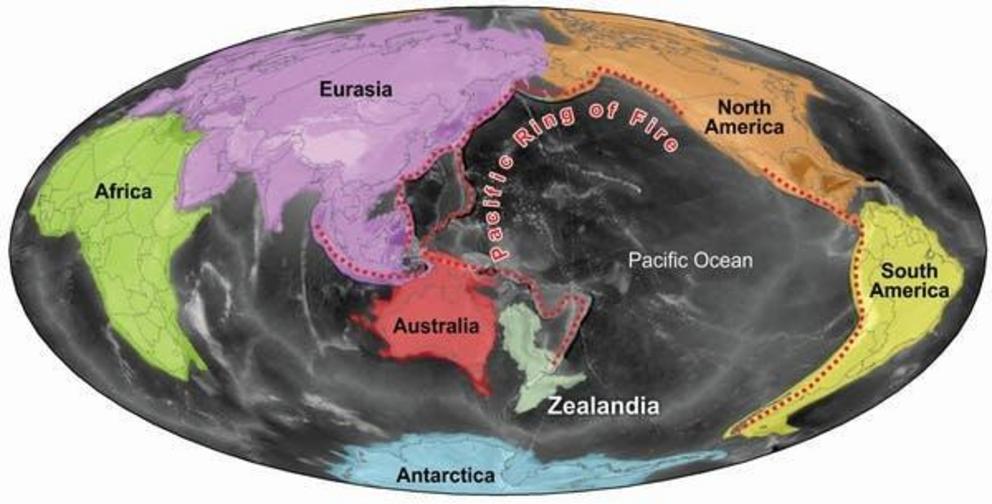 The world’s continents and Zealandia, at the southern end of the Pacific Ring of Fire.