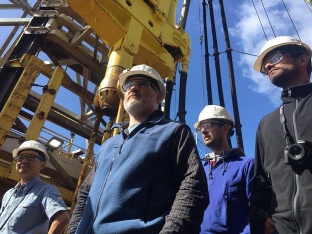 Sanny Saito (Japan), Rupert Sutherland (New Zealand), Thomas Westerhold (Germany), and Edo Dallanave (Italy) on the drill floor of the JOIDES Resolution.