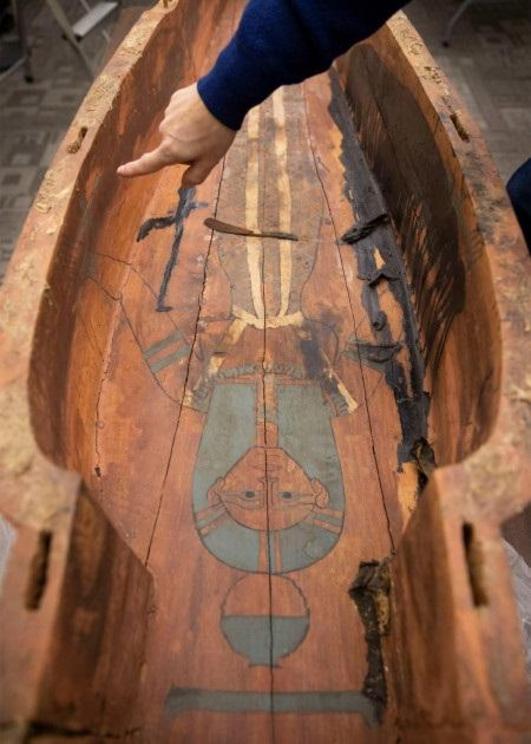 The ancient Egyptian sun god Ra-Horakhty is barely visible inside the coffin of Ankh-Khonsu. The female temple singer Mut-iy-iy had artwork inside her coffin.