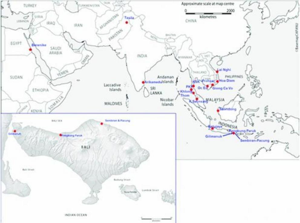 Maps of the Indian Ocean, showing sites mentioned in the article; the inset shows Bali in detail where the Bali gold was found.