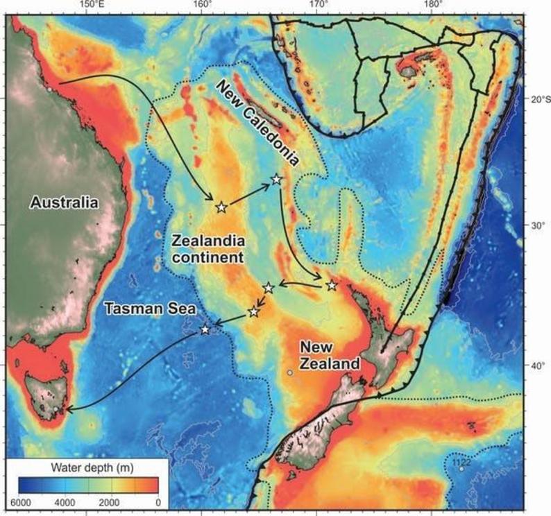 The expedition drilled for samples at six sites, marked on this map with stars.