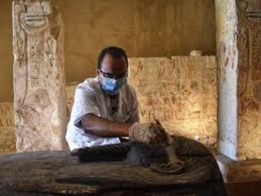 An Egyptian archaeologist studies a coffin from Saqqara. 