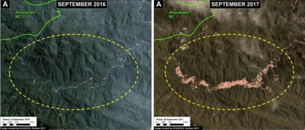 These images show how illegal gold mining causes deforestation in the buffer zone of the Amarakaeri Communal Reserve.