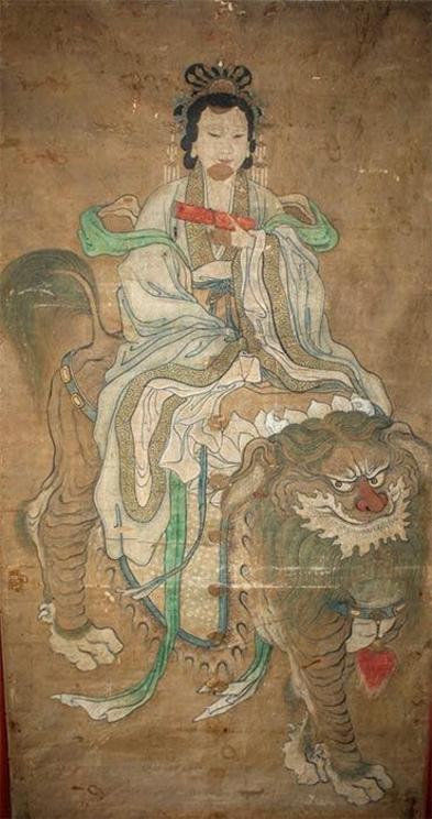 Taoist Immortal Painting of Queen Mother of the West Riding Foo Dog