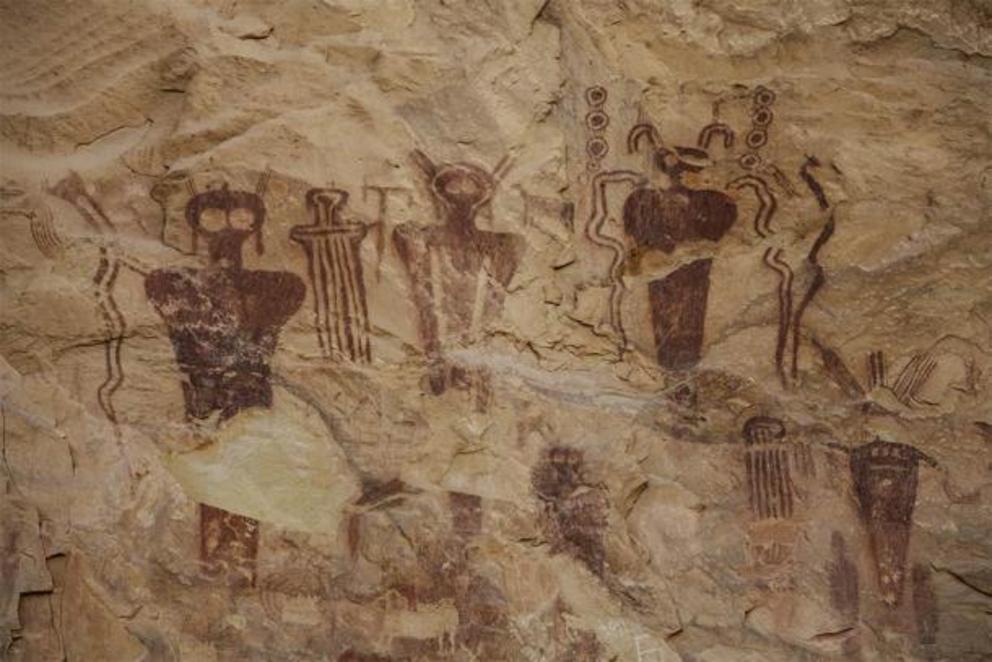 Anasazi pictograph panel in Sego Canyon, Utah, showing strange beings.