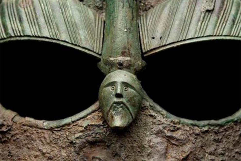 Detail on the Vendel I helmet at Statens Historiska Museum in Sweden.