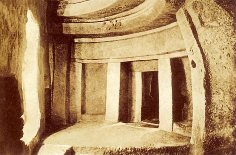 Photograph of the megalithic Hypogeum temple’s inner chamber in Malta, taken before 1910 AD.