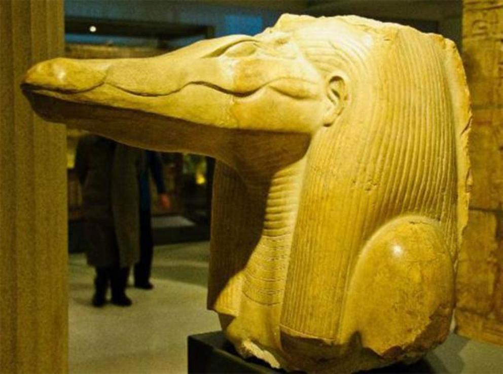 Head of the crocodile god from the site of the Labyrinth at Hawara. It dates to the reign of Amenemhat III.