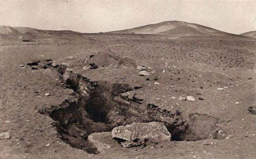 View of the Mazghuna landscape from the position of the south pyramid, the opening to which is seen in the foreground.