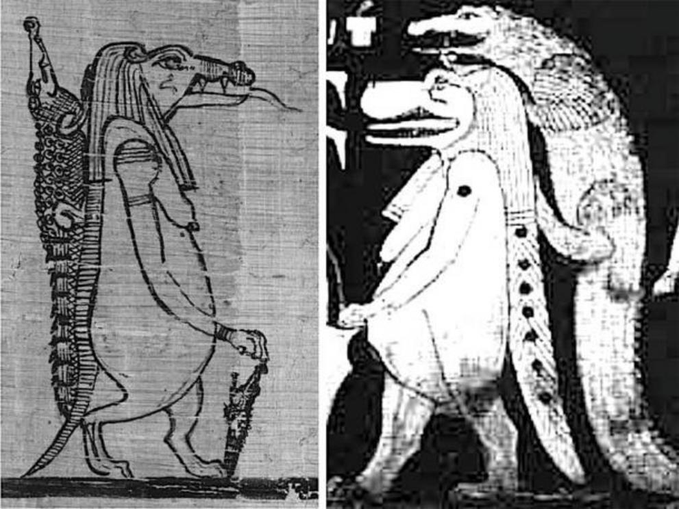 Left, Sobek as crocodile and Taweret as hippopotamus from the Book of the Faiyum and, right, the crocodile and hippo sky figure as seen in the tomb of Seti I, the latter representing the stars of Draco, Ursa Minor and perhaps Ursa Major.