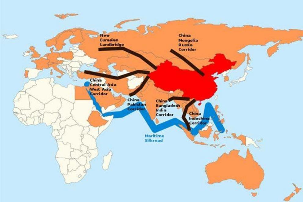 China’s Belt and Road Initiative showing China in red, the members of the Asian Infrastructure Investment Bank in orange, and the 6 proposed corridors of the Silk Road Economic Belt, a land transportation route running from China to Southern Europe, and t