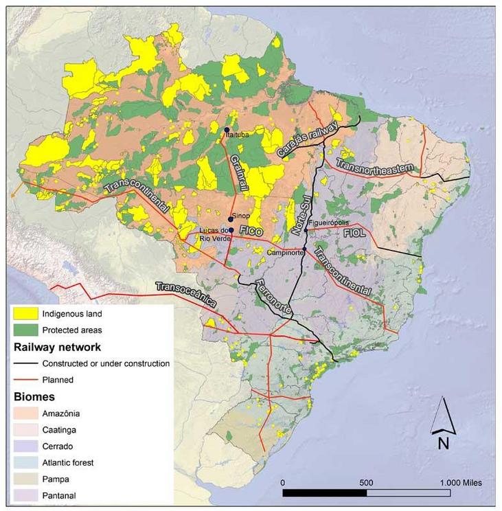 A map of major proposed and existing Brazilian railways, protected areas, Indigenous lands and biomes. The FEPASA railway is shown in red at top.