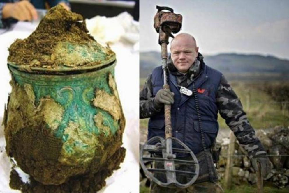 Left: Large silver alloy Carolingian vessel, which was part of the hoard. Right: Derek McLennan, the finder of the treasure hoard.