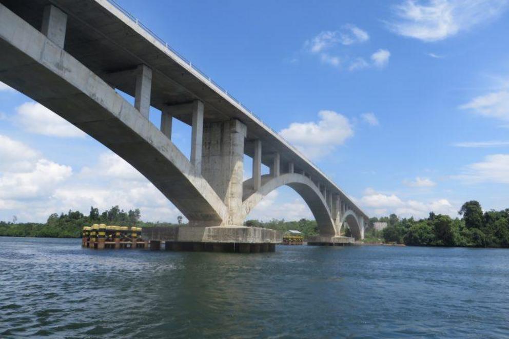 The Pulau Balang bridge under construction in Balikpapan in 2017. Researchers have attributed lower mobility in coastal dolphin populations to noise from coastal construction like this, among other factors.