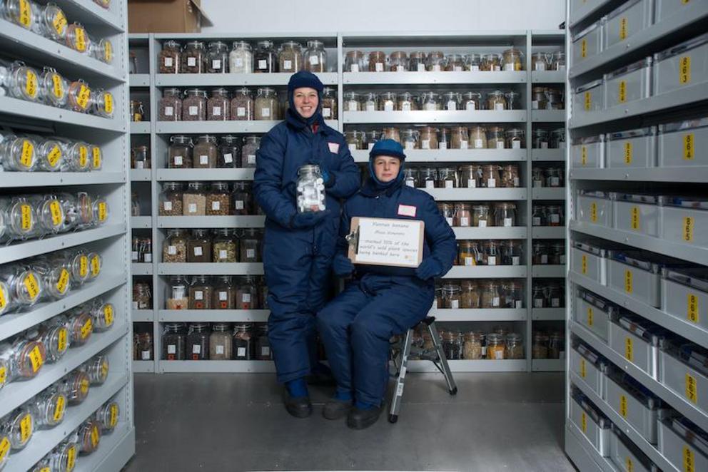 Researchers in the -20°C Kew Millennium Seed Bank vault. The sign reads, “Yunan banana (Musa itinerans)…marked 10% of the world’s plant species being banked here.”