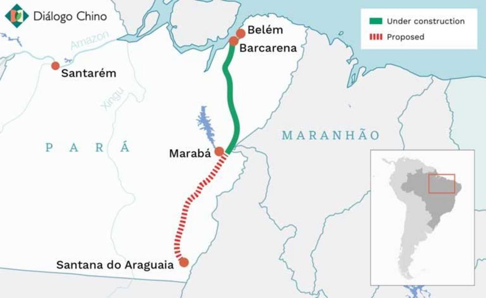 The approximate route of the Ferrovia Paraense (FEPASA), a railway that could eventually run from Pará’s interior along the state’s eastern border to the Amazon estuary port of Barcarena.