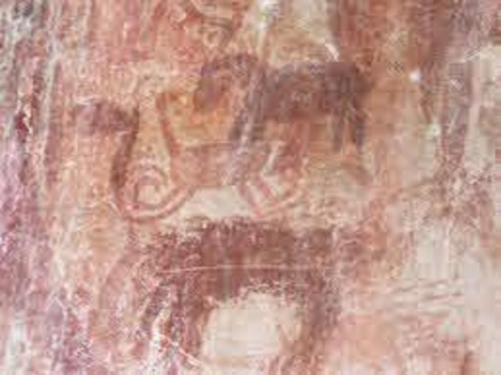 Drawings of possible ancient llamas and paleo horses on a cliff face in the Serranía de la Lindosa region.