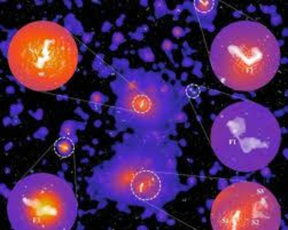 ASKAP radio data (white) overlaid on the eROSITA x-ray image (coloured). The circles show individual radio galaxies. The jets of the radio galaxies, normally straight, are bent into contorted shapes by the intergalactic winds within the clusters.