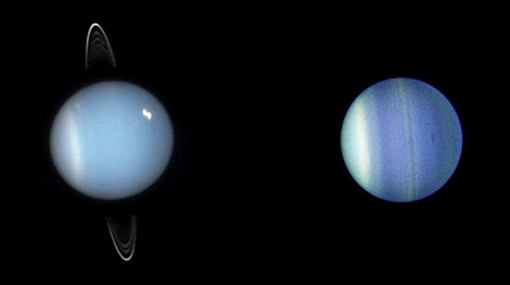 These Hubble Space Telescope images show the varied faces of Uranus. On the left, Uranus in 2005 displays its ring system. The planet -- along with its rings and moons -- is tipped on its side, rotating at roughly a 90-degree angle from the plane of its o