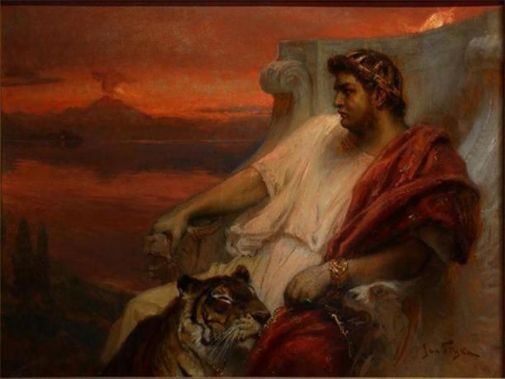 A depiction of Emperor Nero with a tiger and Rome burning in the background during the Great Fire.