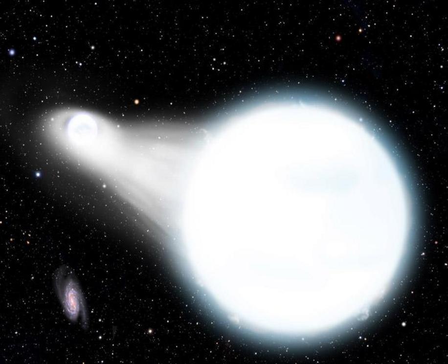 An illustration of two white dwarfs on the brink of a merger. Material is starting to stream from one star to the other, beginning the process that may end with a spectacular supernova explosion.