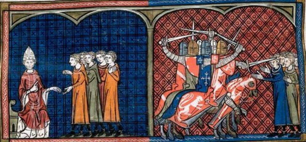 Pope Innocent III excommunicating the Cathars / Albigensians (left). Massacre against the Cathars by the Crusaders (right).