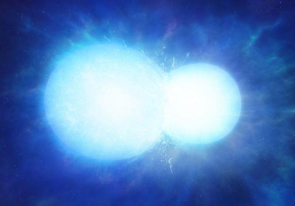 An artist’s impression of two white dwarfs in the process of merging. Depending on the combined mass, the system may explode in a thermonuclear supernova, or coalesce into a single heavy white dwarf, as with WDJ0551+4135.