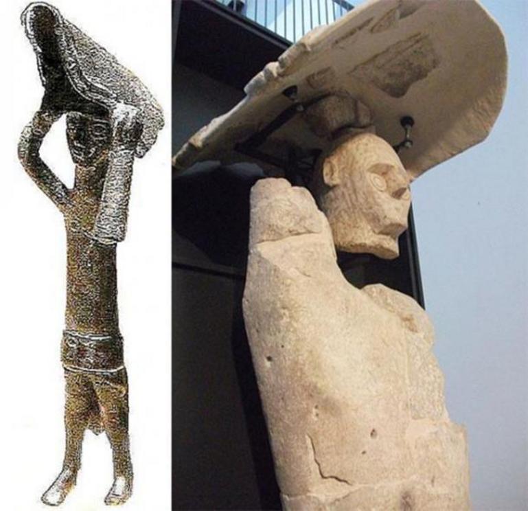 Left: Nuragic bronze boxer warrior. Right: Giant of Mont’e Prama boxer warrior.