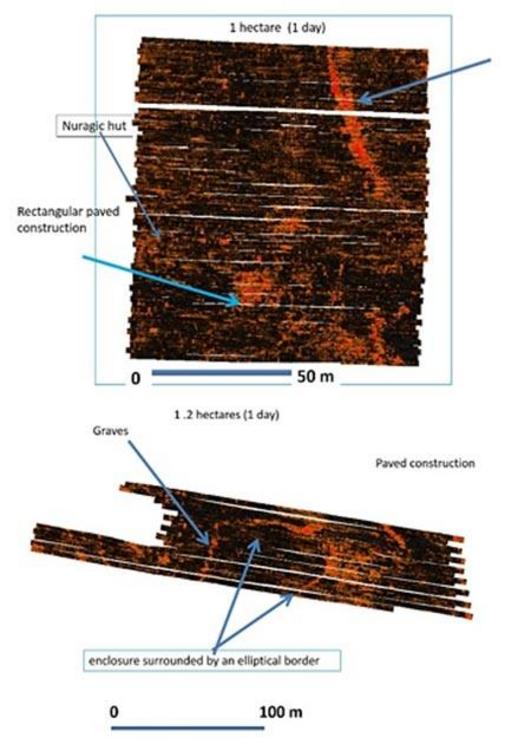 Top: A map of one hectare at 0.8 m depth situated North of the archaeological site. We can see a road, a paved square, a rectangular construction, and a Nuragic hut. Bottom: An area of 1.2 hectares explored in one day at 0.8 m depth. We can see a line of 