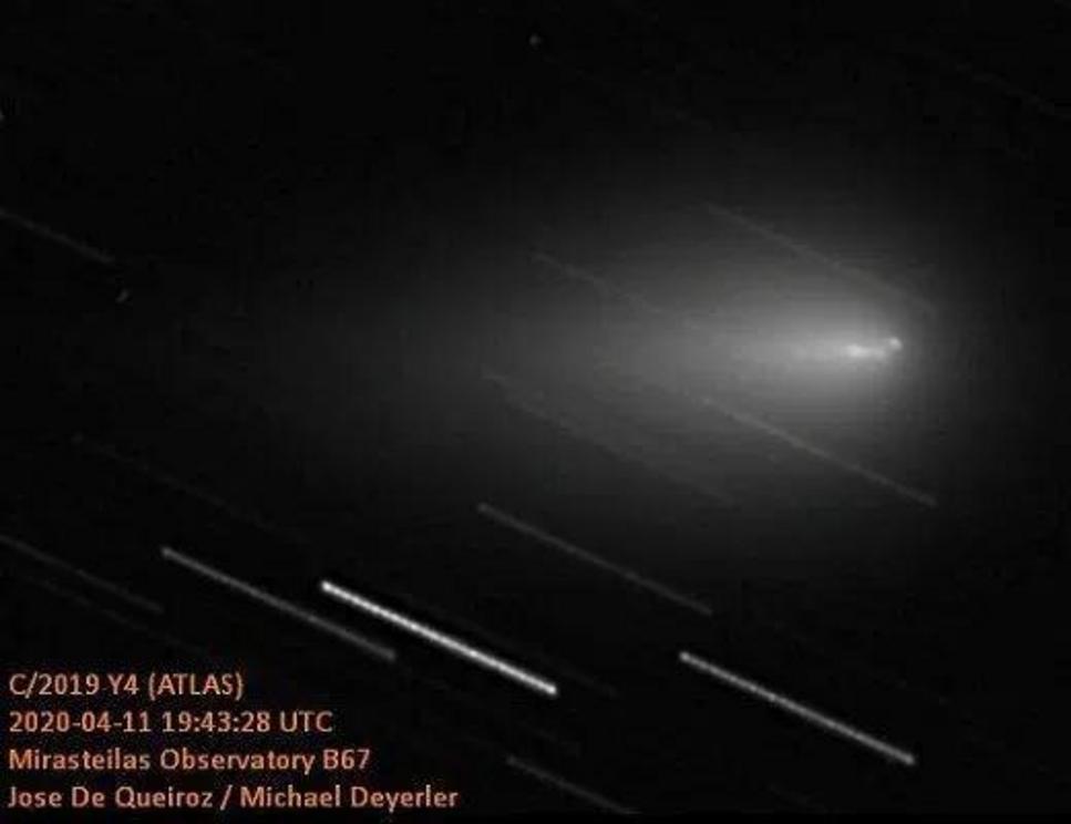 This photograph was taken in Switzerland a few days and it shows three fragments of Comet ATLAS confirming what other amateur astronomers have witnessed…the breaking apart of this once-promising comet. Photo courtesy Jose de Queiroz, spaceweather.com