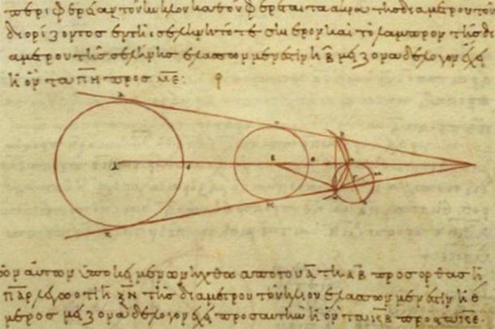 A 10th century reproduction of a diagram by Aristarchus showing some of the geometry he used in his calculations.